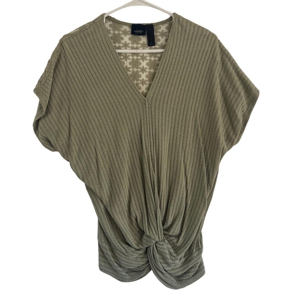 Daytrip Women's Olive Green Waffle Knit Twist Front Top Size L Casual Blouse